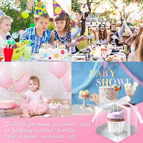 Gerrii 100 Pcs Clear Plastic Individual Cupcake Boxes 3.5" Single Cupcake Containers Transparent Ornament Gift Box with Inserts and Ribbon for Wedding Baby Shower Party Favor (Silver) - Image 6