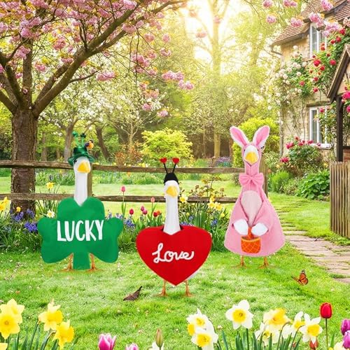 Abbylike 3 Sets St. Patrick's Day Porch Goose Outfits Lucky Shamrock Clover Yard Goose Clothes Easter Spring Lawn Costume for 23 Inch Cement Patio Garden Outdoor Statue Art Decorations - Image 4
