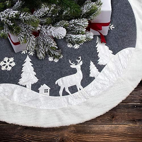 Christmas Tree Skirt, Fur Rustic White Xmas Tree Skirt,Snowy Christmas Trees Mat Decorations Indoors,Deer and Snowflake Pattern (48 inches, White Deer) by 7Felicity