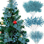 75 Pcs Christmas Glitter Tree Picks 3 Styles Berry Stems, Light Blue - Image 3