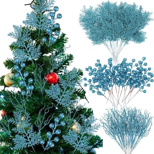 75 Pcs Christmas Glitter Tree Picks 3 Styles Berry Stems, Light Blue - Image 3