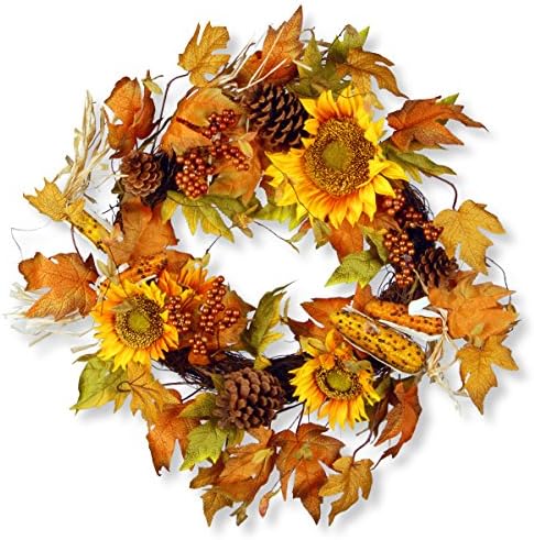 National Tree Company Artificial Autumn Wreath, Decorated with Sunflowers, Pinecones, Berry Clusters, Corncobs, Maple Leaves, Autumn Collection, 24 in by Unknown