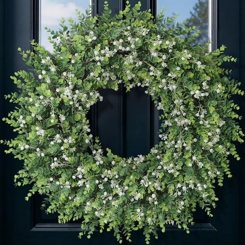32" Artificial Eucalyptus Wreath with Flowers for Front Door (White-Green) by FOTEEWL