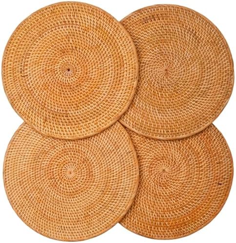 4-Pack Rattan Placemats - 13-inch Round Placemats (Stained Brown) - Woven Place Mats, Round Table Mats - Wicker Chargers for Dinner Plates, Plate Chargers Boho by Decvel