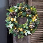 WANNA-CUL Pre-Lit 20 Inch Lighted Christmas Wreath for Front Door Decoration with Green Gold Christmas Ball Ornaments,Battery Operated 30 LED Lights - Image 6
