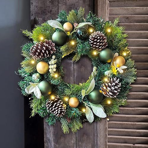 WANNA-CUL Pre-Lit 20 Inch Lighted Christmas Wreath for Front Door Decoration with Green Gold Christmas Ball Ornaments,Battery Operated 30 LED Lights - Image 6
