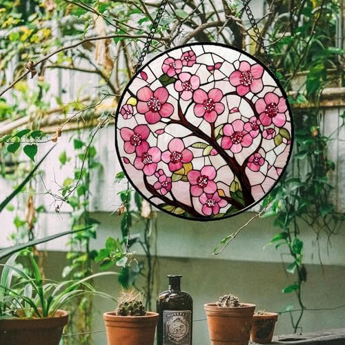 Pink Cherry Blossoms Stained Glass Window Hanging Suncatcher Gifts 12" - Image 5