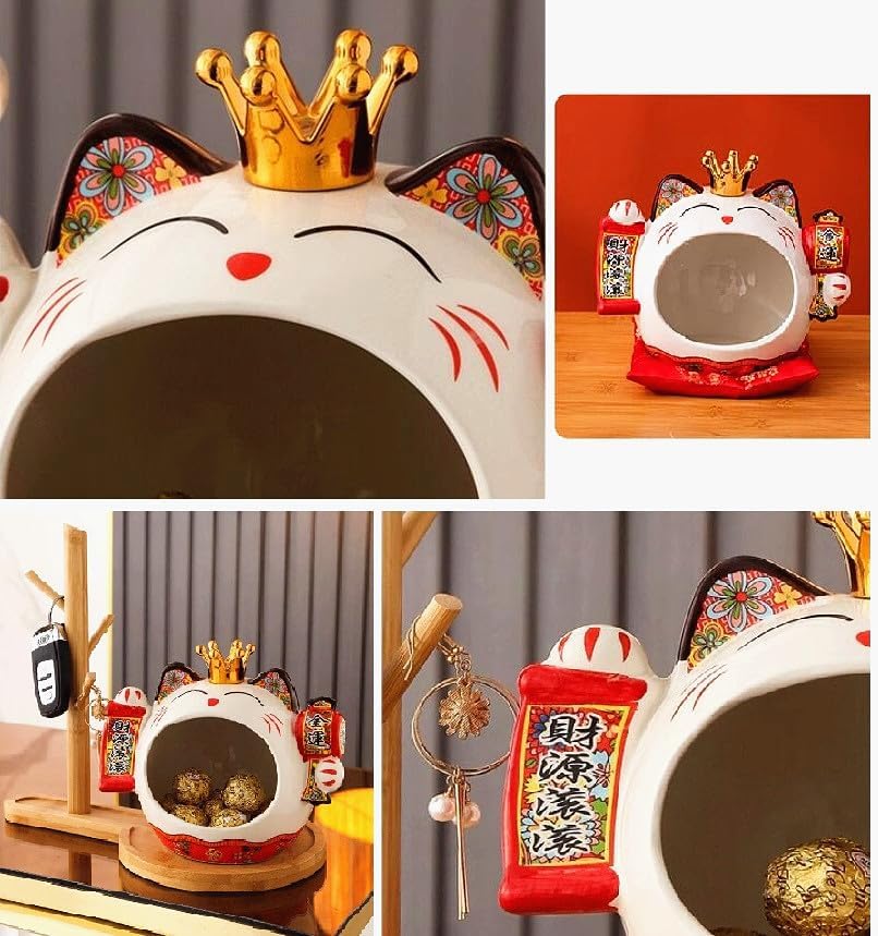 EatingBiting 7.9" Japanese Ceramics Maneki Neko Crown Cat Big Mouth Ornament Collectible Figurine Storage Box Decoration Art Sculpture Home Decor Decorative Beckoning Cat for Business Opening - Image 4