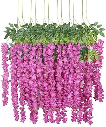 Duovlo 12 Piece Artificial Silk Wisteria Vine 3.6 Feet Ratta Hanging Flower Garland String Home Party Wedding Decor (New Rose Red) by Duovlo