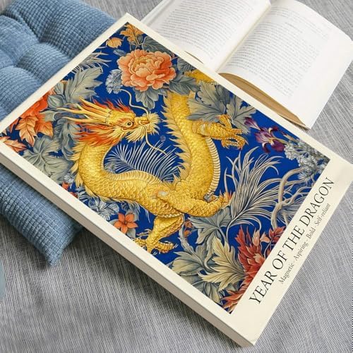 Chinese Lunar Year of the Dragon Art Print – Chinese Zodiac Wall Decor with Orange Peony & Iris Pattern Gilded Dark Blue Oriental Home Decor Poster for Bathroom Bedroom 24X36 in Wrapped Framed - Image 3