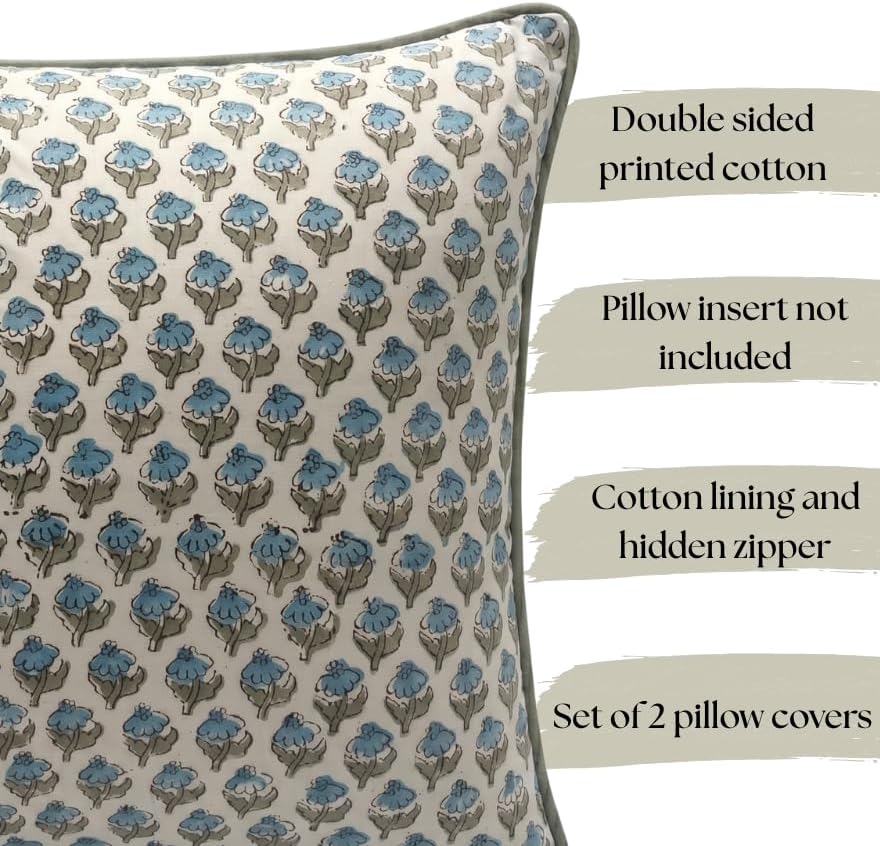 Floral Pillow Covers Sky Blue and sage Green Set of 2 Pillow Covers 24 x 24 inches Farmhouse Pillow Covers for Couch Bed Bedroom Living Throw Pillow Covers Boho Decorative Pillow - Image 2