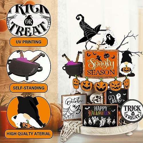 14 Pcs Halloween Tiered Tray Decor Set, Gnome Wood Table Signs (Cool) - Image 3