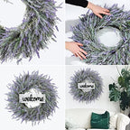 24 Inch Spring Wreaths for Front Door, Artificial Lavender Wreath with Welcome Sign and Hanger, Purple, for Spring, Summer, Autumn, Winter, Indoors, Outdoors, Corridors, Offices - Image 4