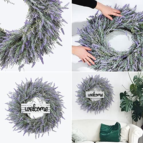 24 Inch Spring Wreaths for Front Door, Artificial Lavender Wreath with Welcome Sign and Hanger, Purple, for Spring, Summer, Autumn, Winter, Indoors, Outdoors, Corridors, Offices - Image 4