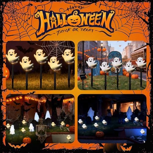 Halloween Solar Lights for Outdoor Decorations, 5 Pack Ghost Pathway Lights, Solar Ghost Lights for Garden, Yard, Party Halloween Decor (Happy) - Image 3