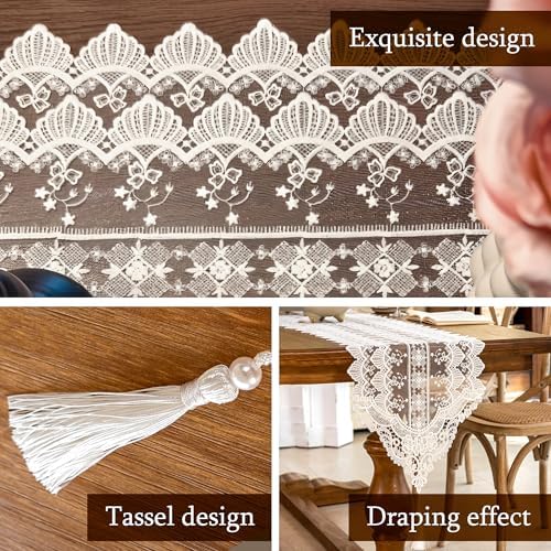 Lace Table Runner Exquisite Embroidery Floral,UWWGKK Table Runners with Tassel Retro French Country Style,for Wedding Decor,Afternoon Tea,Bed Runner,Piano Top Cover,13x122 Inch - Image 3