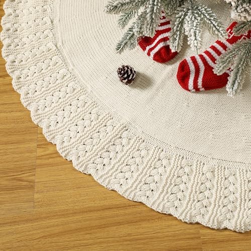 Ivory Knitted Christmas Tree Skirt, Cozy Cable Knit Design with Scalloped Edge and Ties, Rustic Farmhouse Holiday Décor for Christmas Tree Base(Ivory, 48") by Aeranto