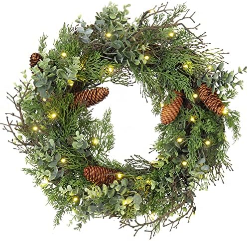 Pre Lit Christmas Wreath for Front Door Green Wreath Decorated with Pine Cones,Berry Clusters, Abundant Fit Branches 18” Lighted Christmas Wreaths for Windows Winter Wreath Hanging Wall Decor by DILATATA