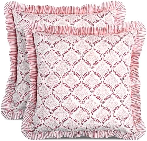 CPC Blush Rose Hand Block Print 100% Cotton Ruffle Throw Pillow Cover 20x20 inch with Hidden Zipper Decorative for Couch, Bed, Sofa, Farmhouse, Cottagecore Decor Gift Christmas Fall Thanksgiving by COTTONPRINTCLUB