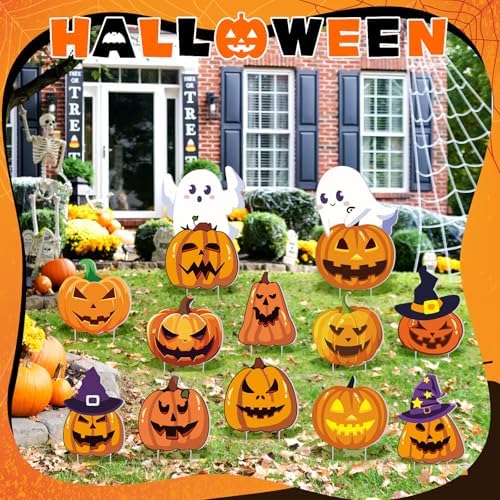 Amyhill 12 Pcs Halloween Pumpkin Ghost Yard Signs with Witch Hats Outdoor - Image 3