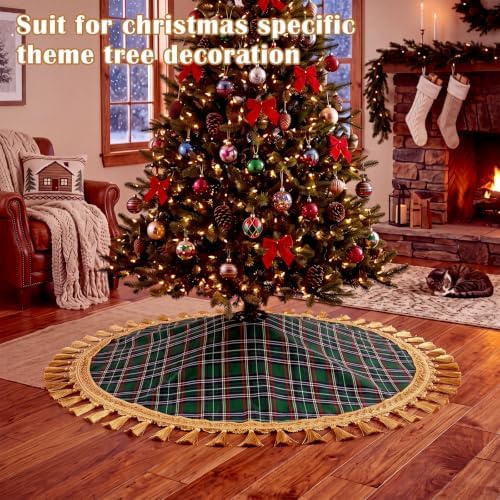 Blueweenly 48 Inch Christmas Tree Skirt, Green Plaid with Gold Tassel Edge - Image 4