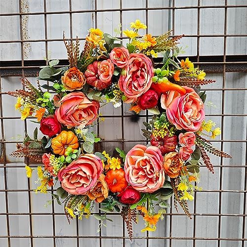 GLLBTPT Fall Wreath Full Handcrafted Autumn Front Door Wreath with Pumpkins Peony Flower Berries for Halloween Thanksgiving Harvest Decoration (Peony Flower) - Image 6