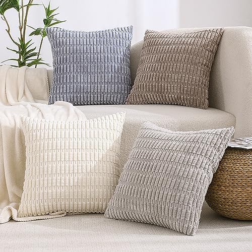 All Smiles Decorative Throw Pillow Covers Set of 4 24x24 Neutral Winter Farmhouse Rustic Boho Home Decor Soft Plush Striped Corduroy Square Cushion Case for Living Room Couch Bed Sofa by AllSmiles