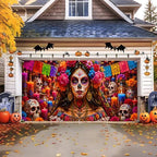 Day of the Dead Garage Door Banner 7x16 FT - Dia De Los Muertos Catrina Sugar Skull Backdrop Cover with Mexican Papel Picado Flowers Candles Decor for Double Car Garage Door Outdoor Fiesta Party - Image 6