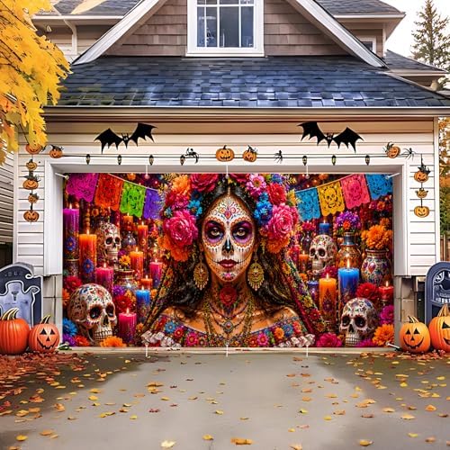 Day of the Dead Garage Door Banner 7x16 FT - Dia De Los Muertos Catrina Sugar Skull Backdrop Cover with Mexican Papel Picado Flowers Candles Decor for Double Car Garage Door Outdoor Fiesta Party - Image 6