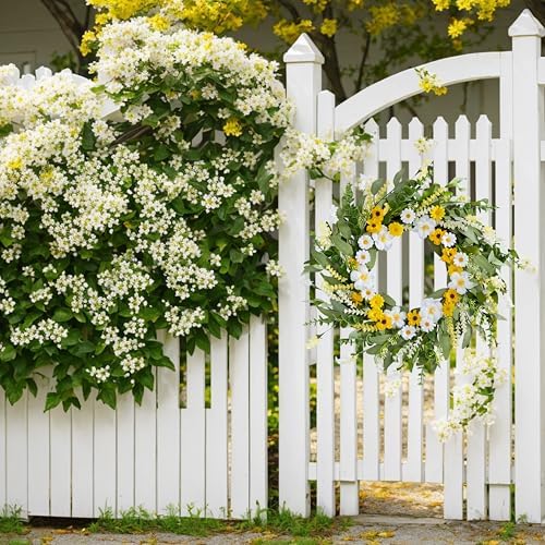 Artificial Spring Wreath 22 Inch Spring Wreaths for Front Door Summer Wreath with White Yellow Daisy Lavender and Green Leaves for Wall Porch Farmhouse Party Easter Celebration - Image 5