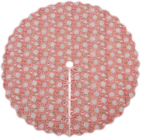Ridhi Dark Salmon Hand Block Print Cotton Christmas Tree Skirt 70 Inch by Ridhi