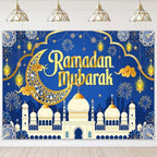 Mocsicka Ramadan Mubarak Decorations Backdrop Blue Gold Muslim Ramadan Kareem Banner Eid Mubarak for Home Muslim Party Supplies (Blue, 8x6ft) by Mocsicka