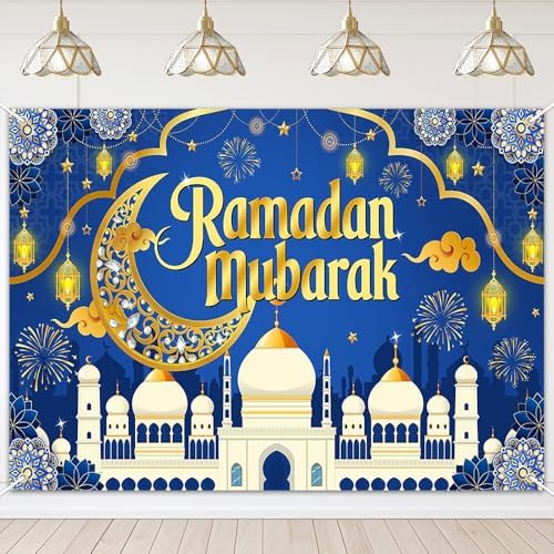 Mocsicka Ramadan Mubarak Decorations Backdrop Blue Gold Muslim Ramadan Kareem Banner Eid Mubarak for Home Muslim Party Supplies (Blue, 8x6ft) by Mocsicka
