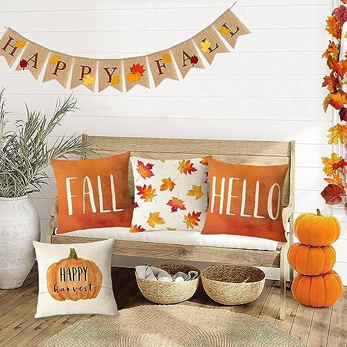 Set of 4 Fall Pillow Covers - 12x12 Inch Thanksgiving Decor Throw Pillows Covers with Pumpkins, Autumn Leaves - Decorative Home & Outdoor Sofa Couch Pillow Cases for Fall Theme Decorations (12 by 12) - Image 7