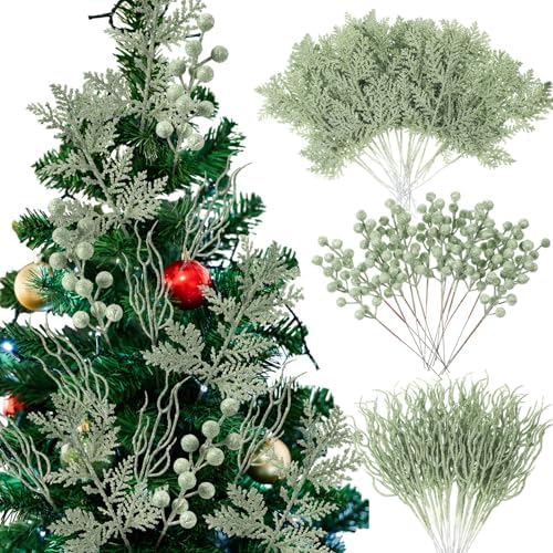 75 Pcs Christmas Glitter Tree Picks 3 Styles Berry Stems, Light Green - Image 5