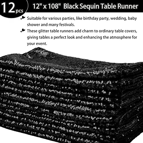 12 Packs Sequin Table Runner Glitter Dining Table Runner for Birthday Wedding Engagement Bridal Baby Shower Bachelorette Holiday Celebration Party Supplies Decorations (12" x 108", Black) - Image 2