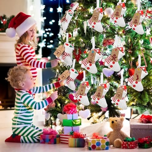24 Set Mini White Christmas Stockings Bulk with Tags Bells - Image 5