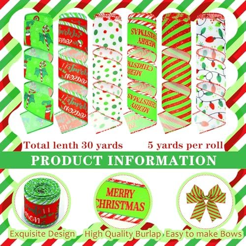 10 Pcs Christmas Ribbon 4 Rolls Mesh Ribbon 6 Rolls Wired Ribbons - Image 2