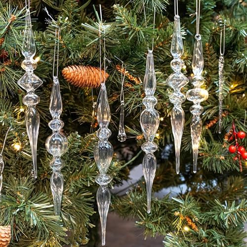 Clear Glass Finial Christmas Ornaments,10-Inch Hanging Decor for Tree, 6-Pc - Image 2