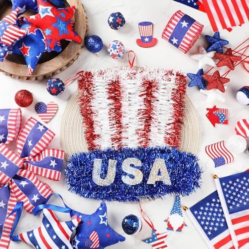 Halfchet 43 Pcs 4th of July Tree Decorations Patriotic Tree Ornaments Topper Trees Hanging Ornaments for Independence Day Home Table Party Decor (USA Hat Style) - Image 4