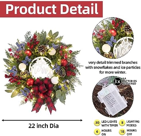 Prelit Christmas Wreath for Front Door Outside,22 inch Be Merry Wreath with red Black Buffalo Plaid Bow,Lighted Farmhouse Christmas decoration-30 LED Light/Timer,Winter Door Wreath, Porch Decor - Image 6