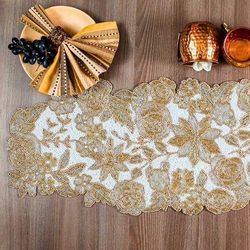 Beaded Table Runner Decore 36 inches Long Christmas Snowflake Coastal Shell Sunflower Beaded Table Runners for Halloween, Christmas, Easter Coffee Tropical - 36"x13" Gold Ivory Silver Olio Marfa - Image 3