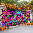 7x16FT Halloween Neon Skull DJ Garage Door Banner UV Reactive Fluorescent Skeleton DJ Garage Door Cover Decoration for Hallowen Decoration - Image 5