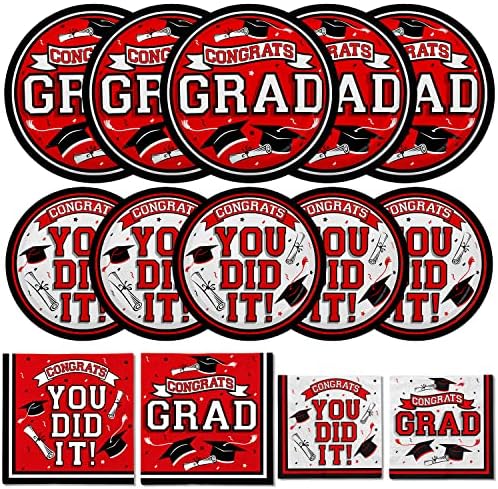 Gatherfun Graduation Party Supplies Dinnerware Set red Disposable dinner paper plates dessert paper plates and Napkins for Congrats Grad Party Decorations, Serve 50 by Gatherfun