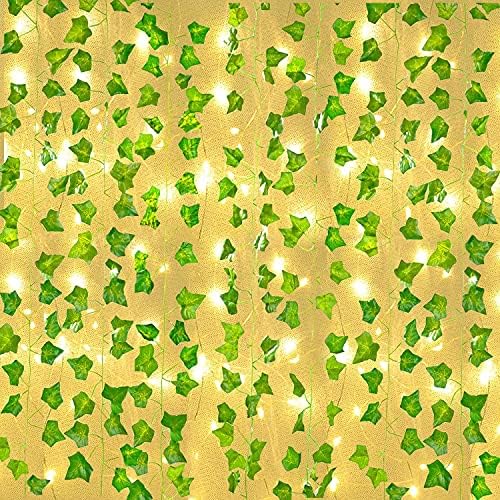 Naidiler 12 Pcs Artificial Ivy Garland Fake Vines with 65 Ft Lights String (200 LED) Decor Faux Green Hanging Plant Greenery for Wall Party Wedding Room Home Kitchen Indoor & Outdoor Decoration by NaidilerBeautifyYourLife