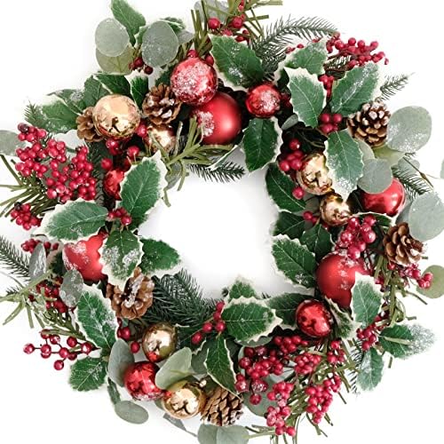 20Inch Christmas Wreath for Front Door - Winter Green Wreath with Holly, Berries, Red and Gold Christmas Balls, Eucalyptus, Pinecones, Xmas Home Decor by Floribus