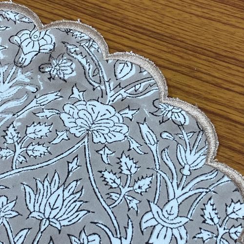 Ridhi Bo-ho Round Place Mat Easter Floral Cotton Washable Placemats 15" Round Embroidery Block Print Table Mat (Pack of 4-15 Inch Round, Taupe) - Image 3