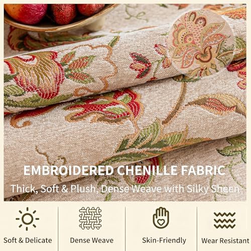Floral Embroidered Table Runner 108 Inches Long Non-Slip Chenille, Beige - Image 3