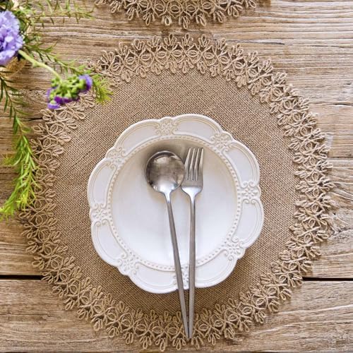 FunWheat Burlap Round Braided Placemats Set of 12 for Dining Tables 15 Inch Heat Resistant Jute Table Mats Farmhouse Woven Fabric Natural Place mats (Brown Jute Lace) - Image 4