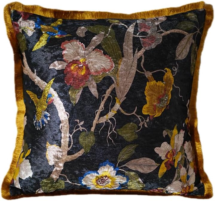 GUMAS Original Luxurious Floral and Bird Print Velvet Throw Pillow, 18x18 Cushion Cover with Vintage Chinese Style Design (1, Black Cover) by Unknown